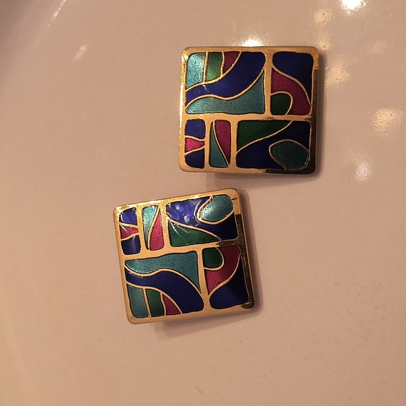 Samuel Huang Jewelry - Vintage Cloisonne Signed Abstract Square Clip-on Earrings